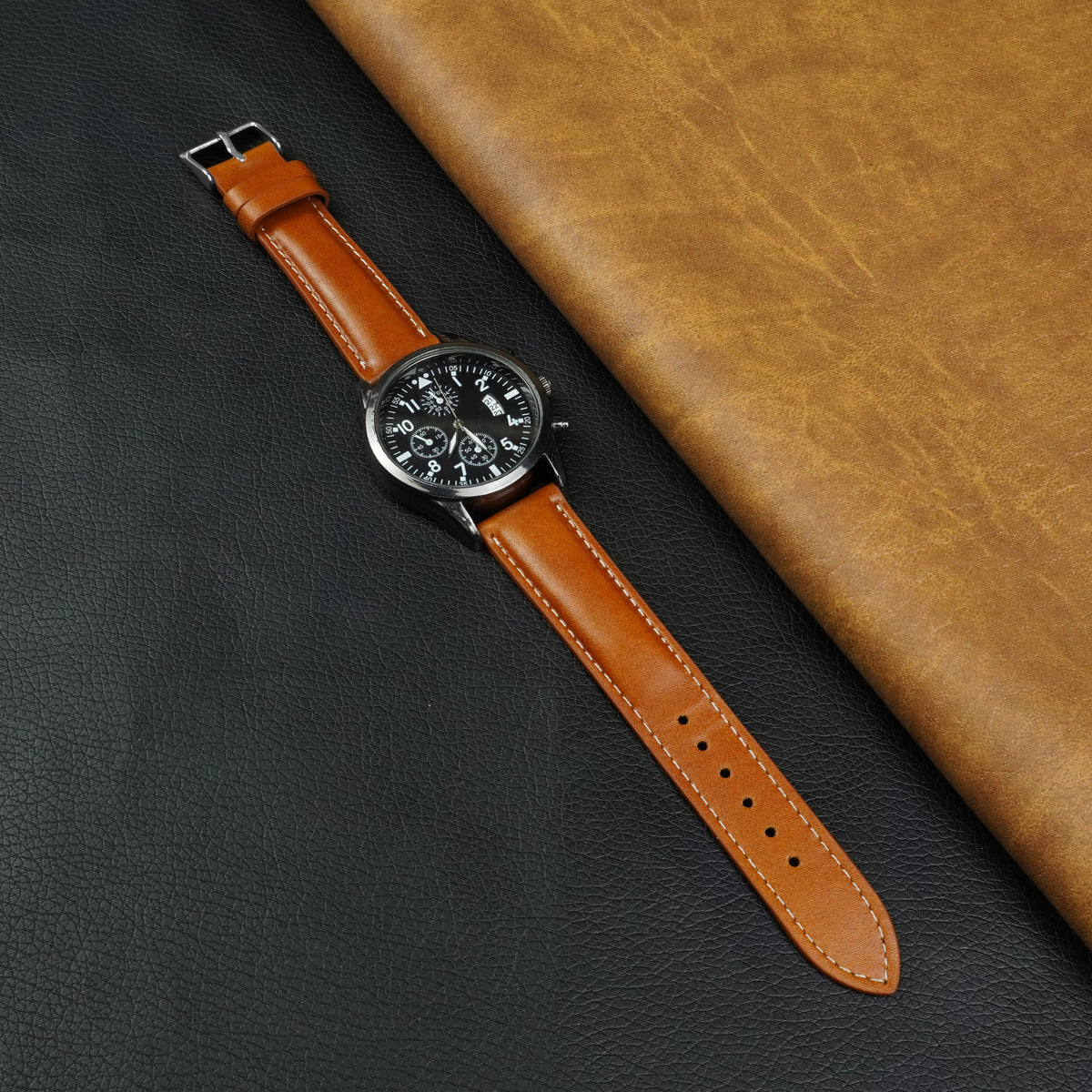 Padded Tan Brown Full Grain Watch Strap with White Stitching Quick Release