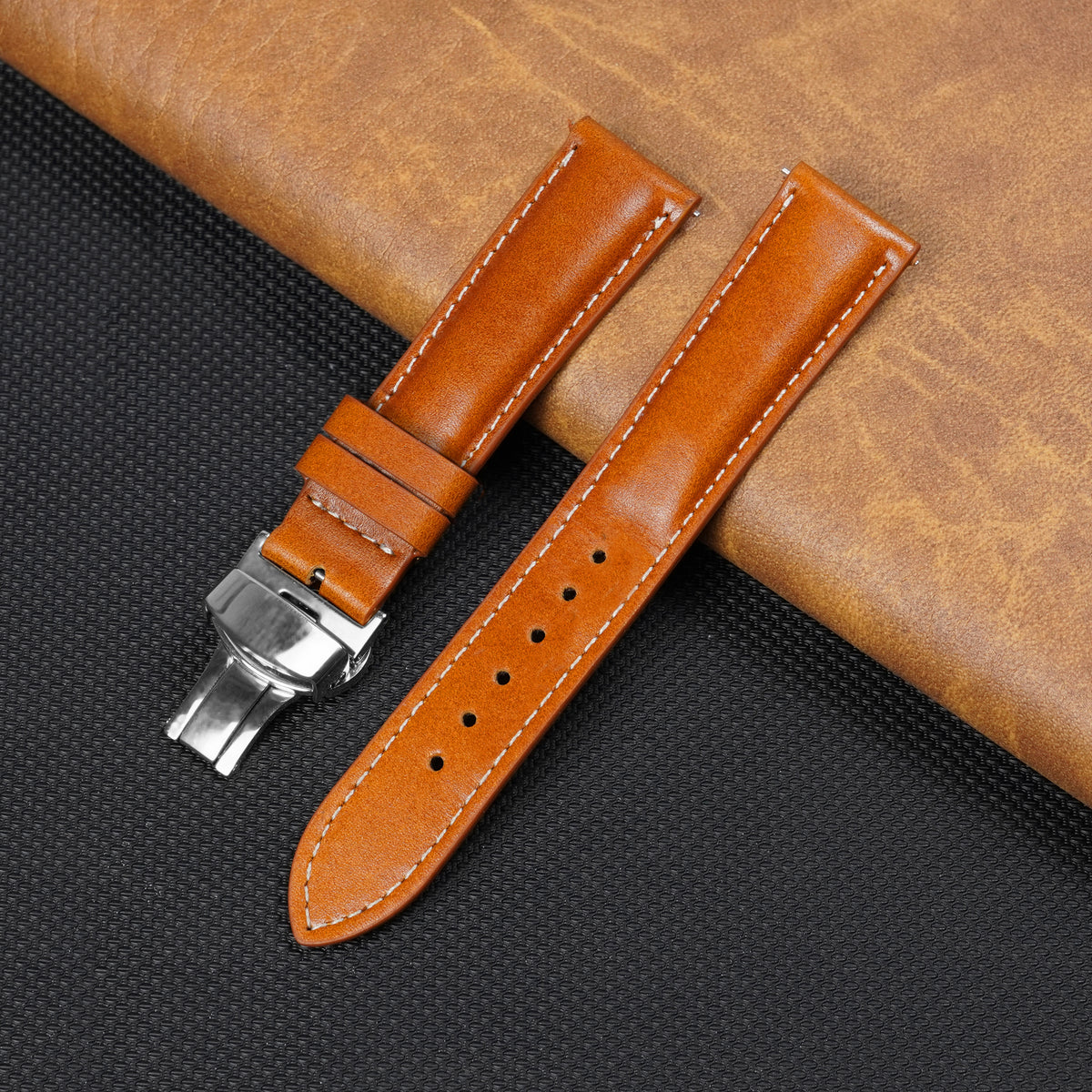 Tan Brown Full Grain Watch Strap with White Stitching and Deployment Clasp