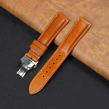 Tan Brown Full Grain Watch Strap with White Stitching and Deployment Clasp