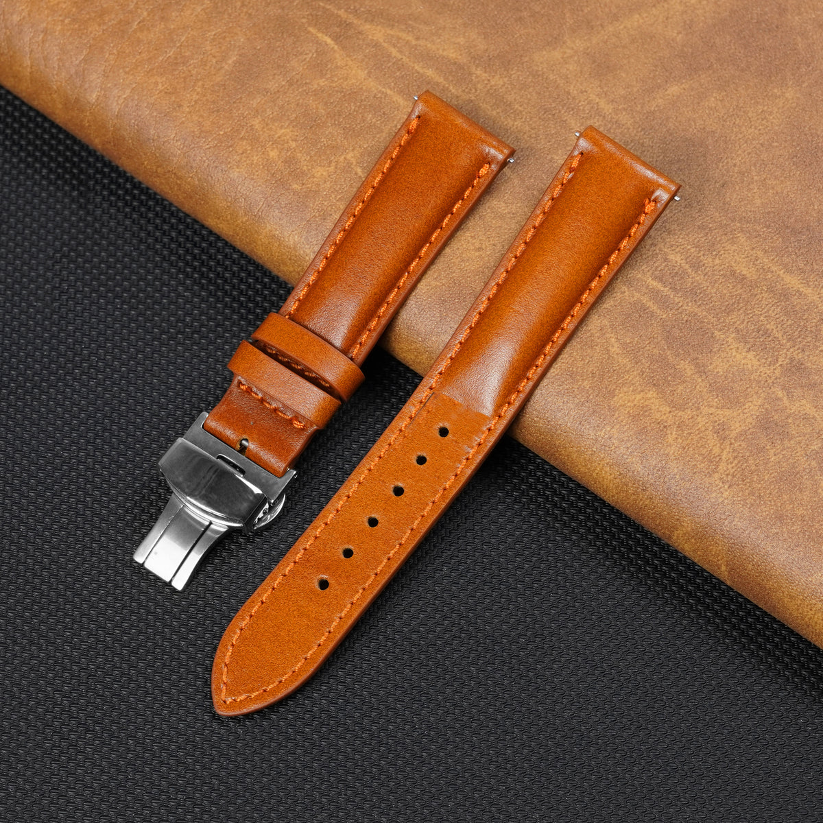 Padded Tan Brown Full Grain Leather Watch Strap with Deployment Clasp