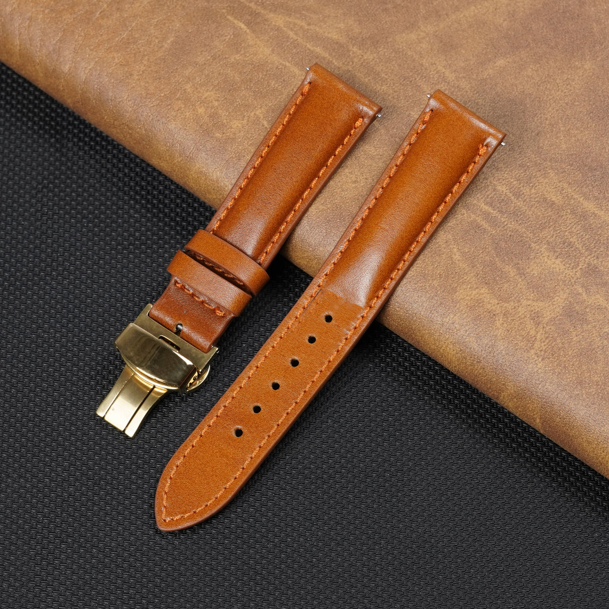 Padded Tan Brown Full Grain Leather Watch Strap with Deployment Clasp