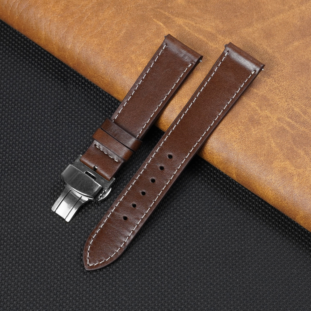 Deployment Dark Brown Flat Full Grain with White Stiching Leather Watch Strap DH-NO-213D