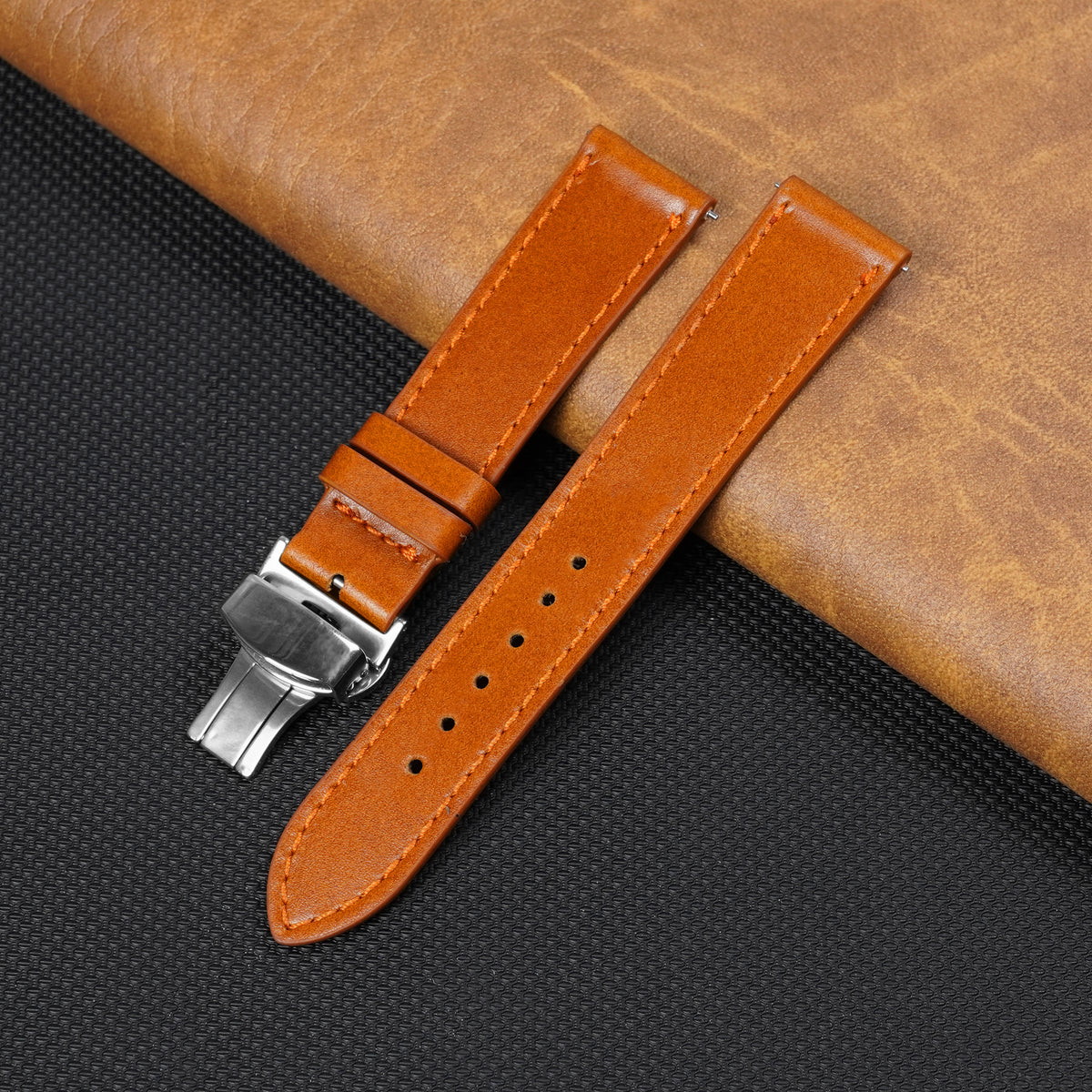 Tan Brown Flat Full Grain Leather Watch Strap with Deployment Clasp