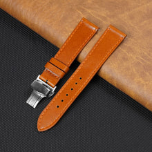 Tan Brown Flat Full Grain Leather Watch Strap with Deployment Clasp
