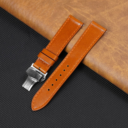 Tan Brown Flat Full Grain Leather Watch Strap with Deployment Clasp