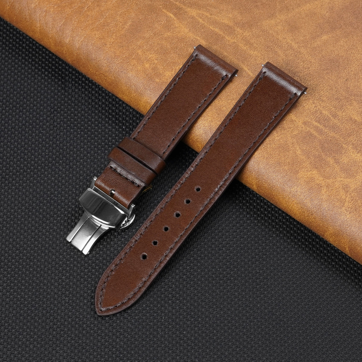 Brown Flat Full Grain Leather Watch Strap with Deployment Clasp