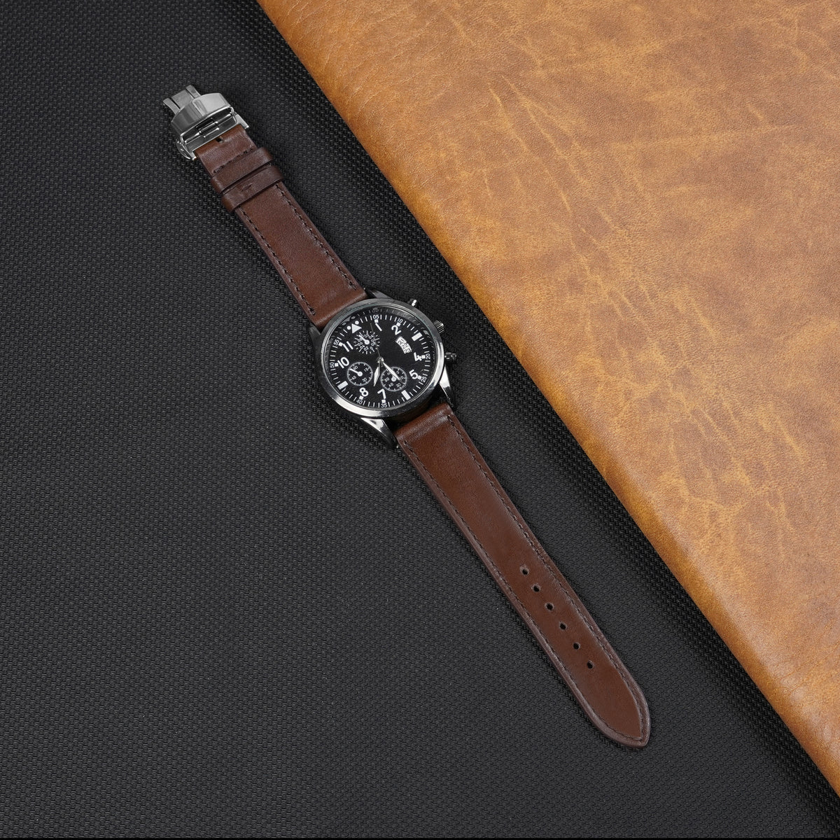 Brown Flat Full Grain Leather Watch Strap with Deployment Clasp