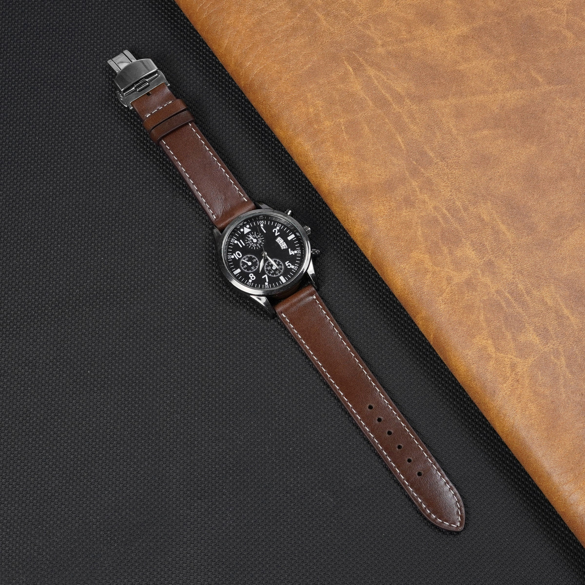Deployment Dark Brown Flat Full Grain with White Stiching Leather Watch Strap DH-NO-213D