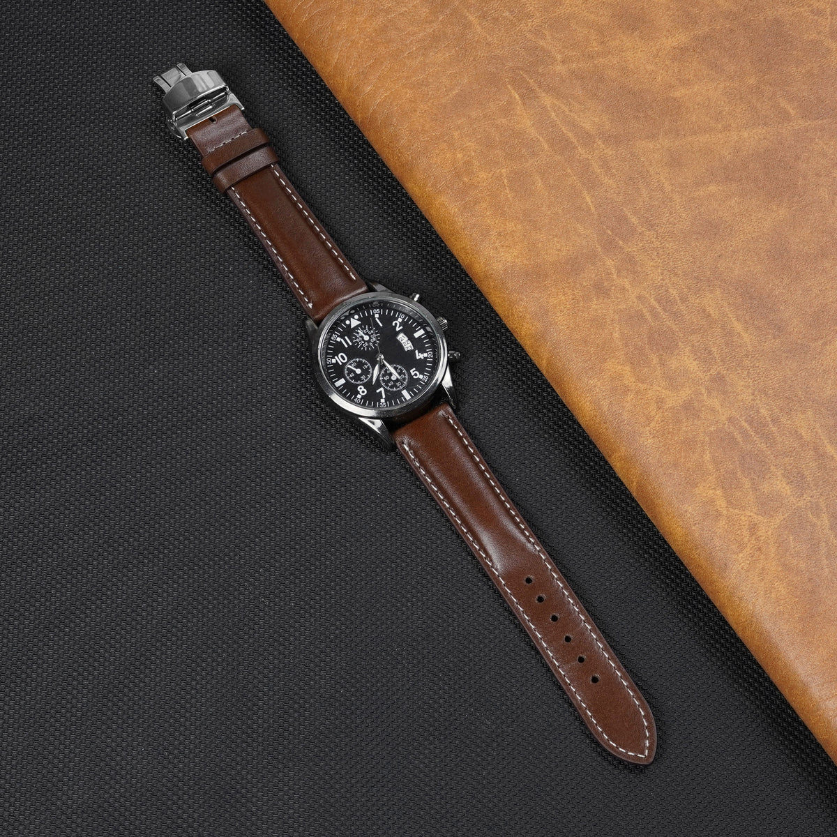 Brown Full Grain Watch Strap with White Stitching and Deployment Clasp