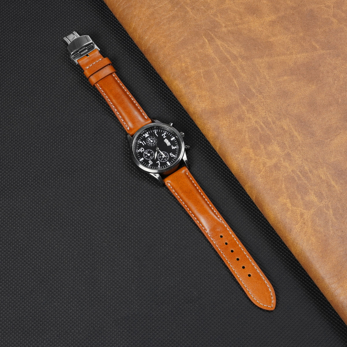 Tan Brown Full Grain Watch Strap with White Stitching and Deployment Clasp