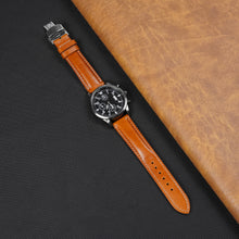 Tan Brown Full Grain Watch Strap with White Stitching and Deployment Clasp