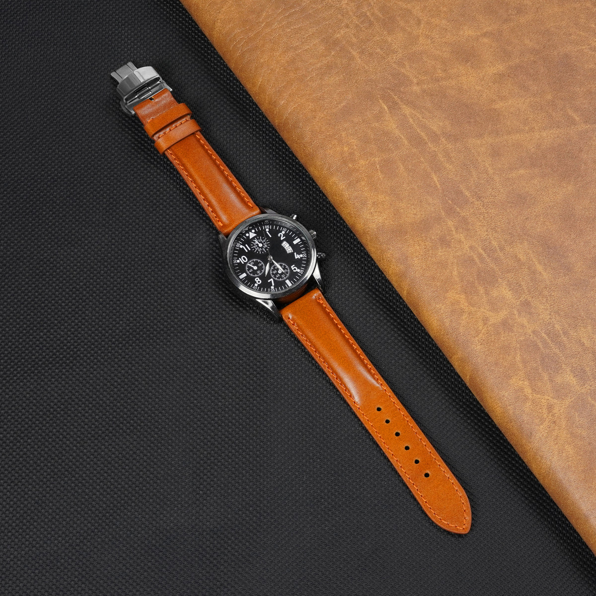 Padded Tan Brown Full Grain Leather Watch Strap with Deployment Clasp