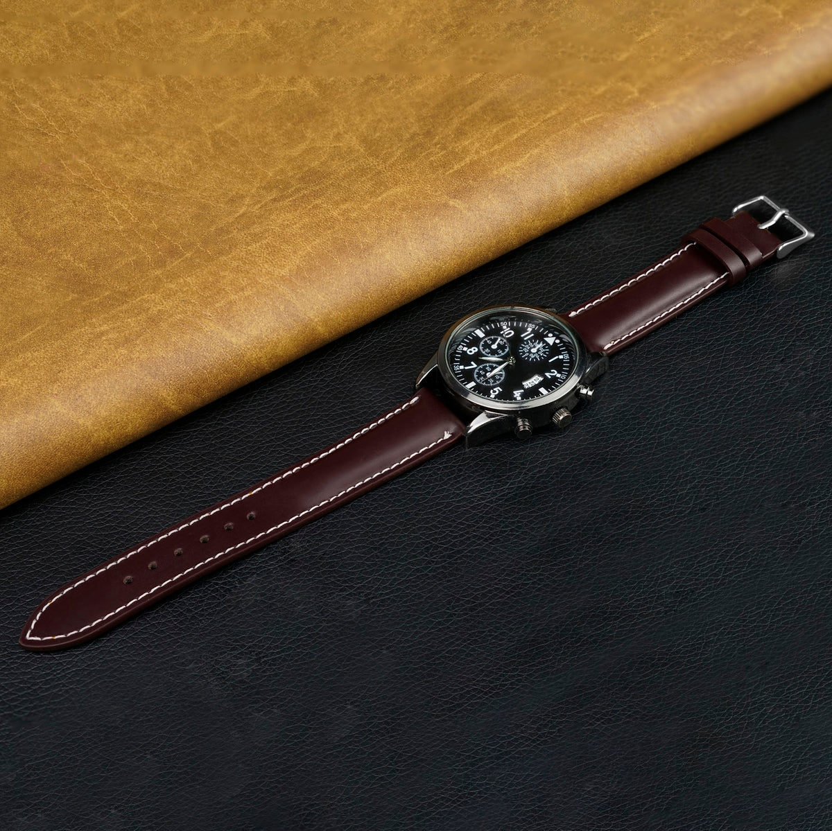 Padded Burgundy Full Grain Watch Strap with White Stitching Quick Release