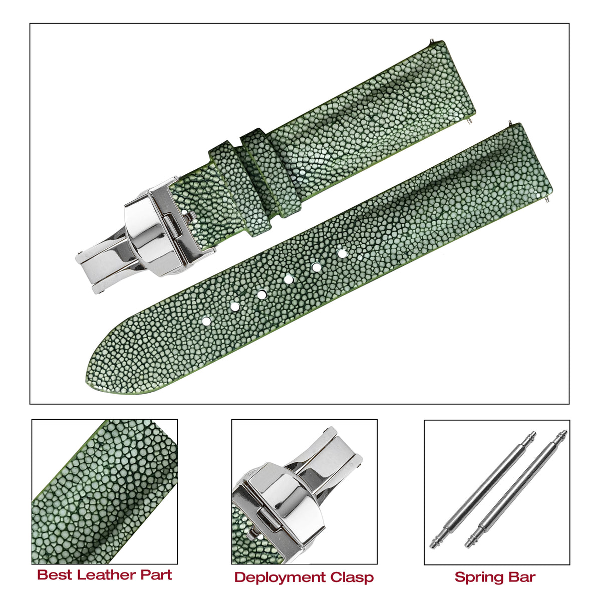 Padded Green Stingray Leather Watch Strap with Deployment Clasp