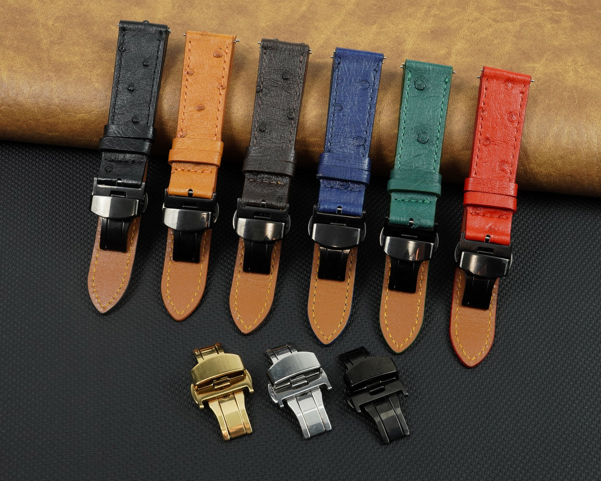 Slim Green FLat Ostrich Leather Watch Band width Deployment Clasp