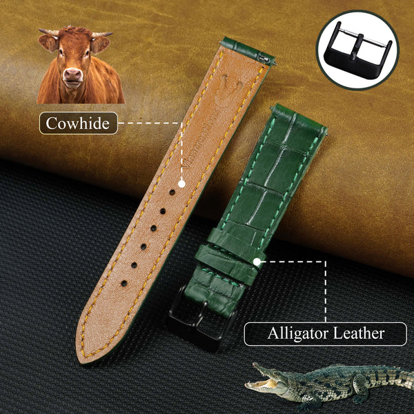 Flat Green Alligator Leather Watch Band, Crocdile Watch Strap