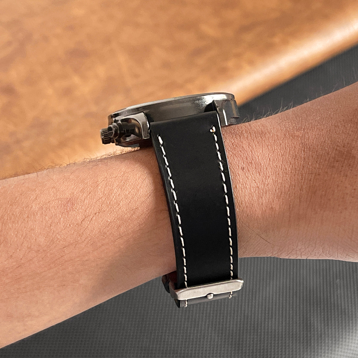 Flat Black Full Grain Watch Strap with White Stitching Quick Release