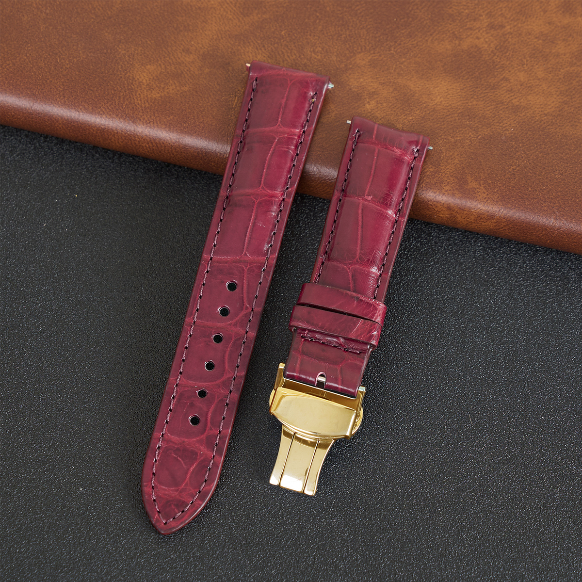 Flat Burgundy Alligator Leather Watch Band, Deployment Crocodile Watch Strap