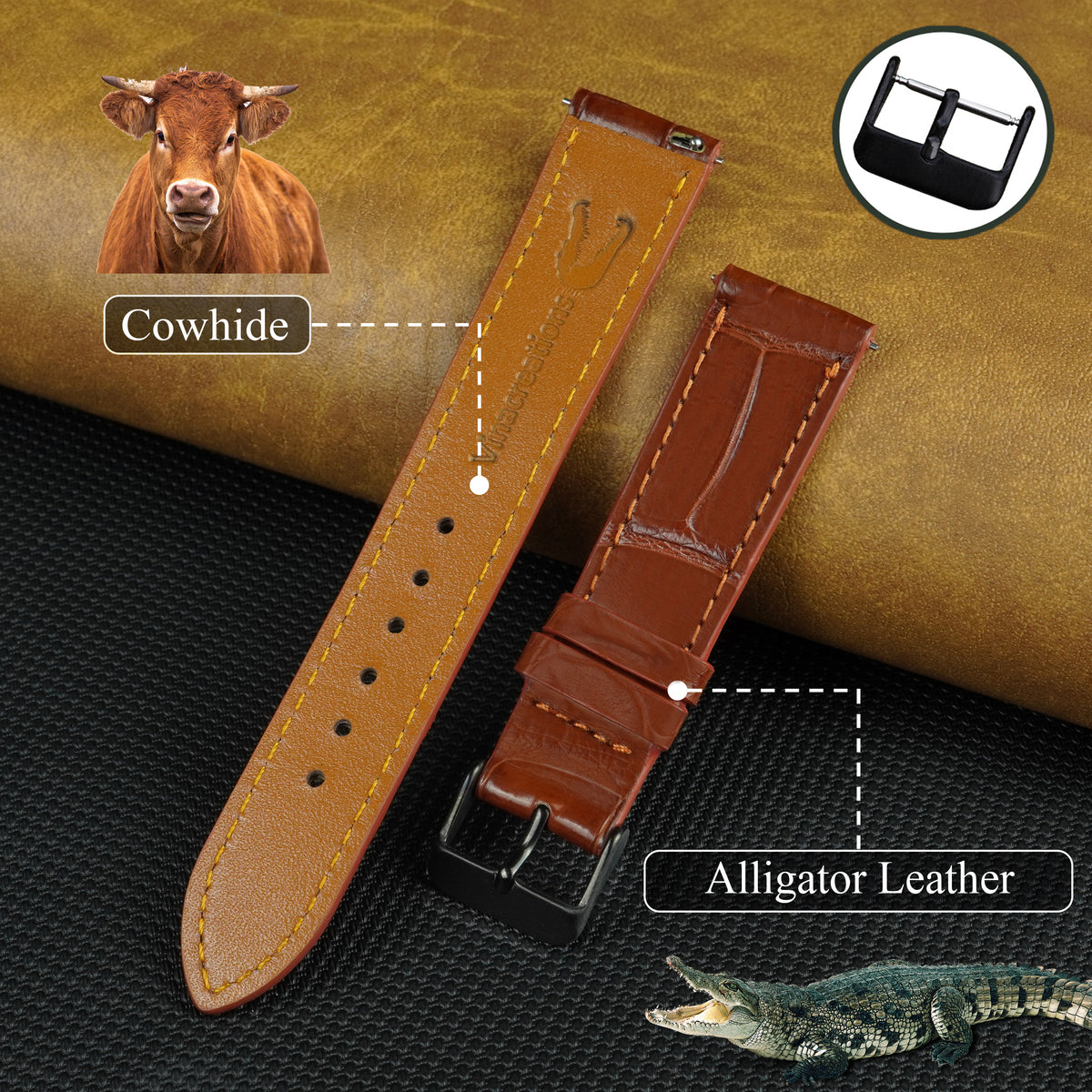 Flat Light Brown Deployment Alligator Leather Watch Band, Crocdile Watch Strap