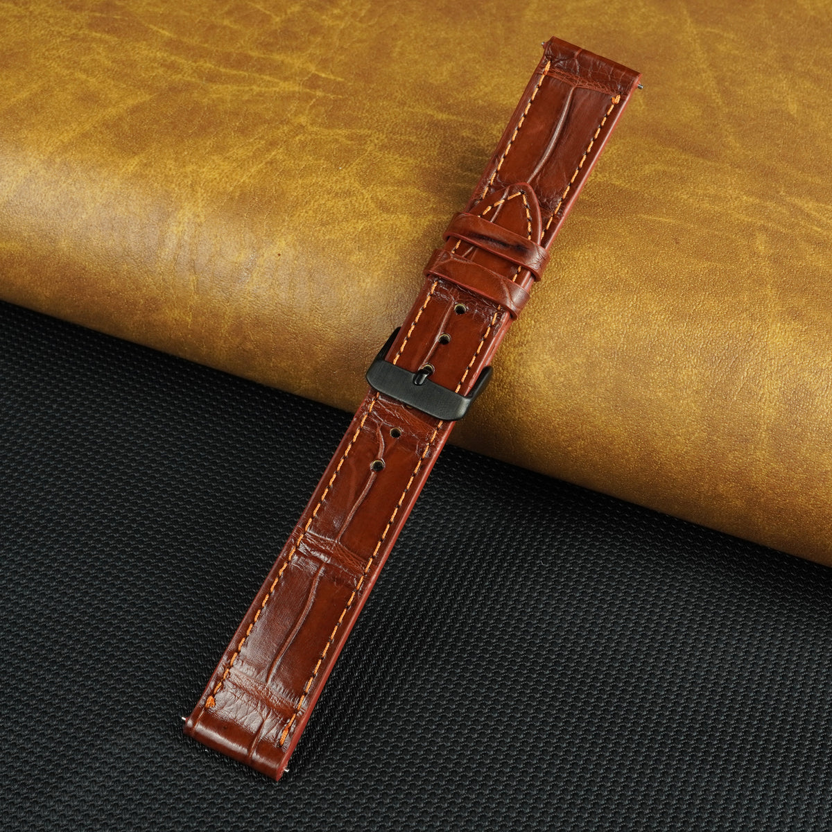 Flat Light Brown Deployment Alligator Leather Watch Band, Crocdile Watch Strap