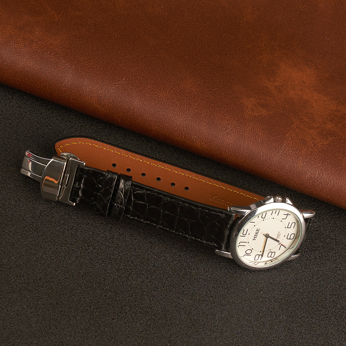 Black Alligator Flat Leather Watch Strap with Deployment Clasp