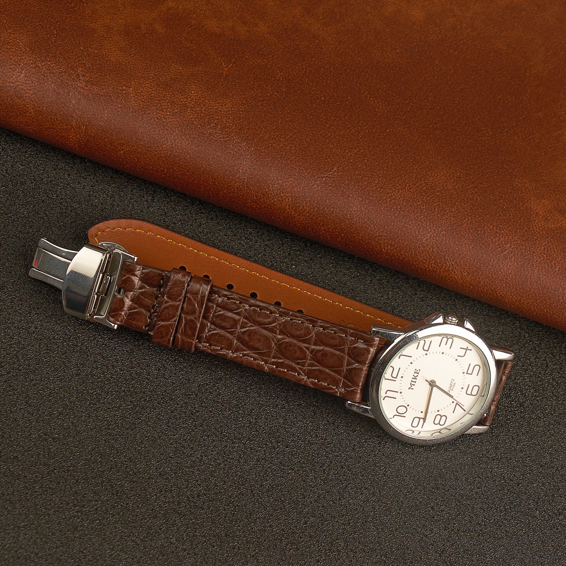 Brown Alligator Flat Leather Watch Strap with Deployment Clasp