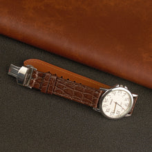 Brown Alligator Flat Leather Watch Strap with Deployment Clasp