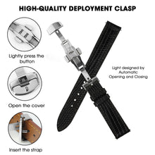 Black Flat Lizard Leather Watch Strap with Deployment Clasp