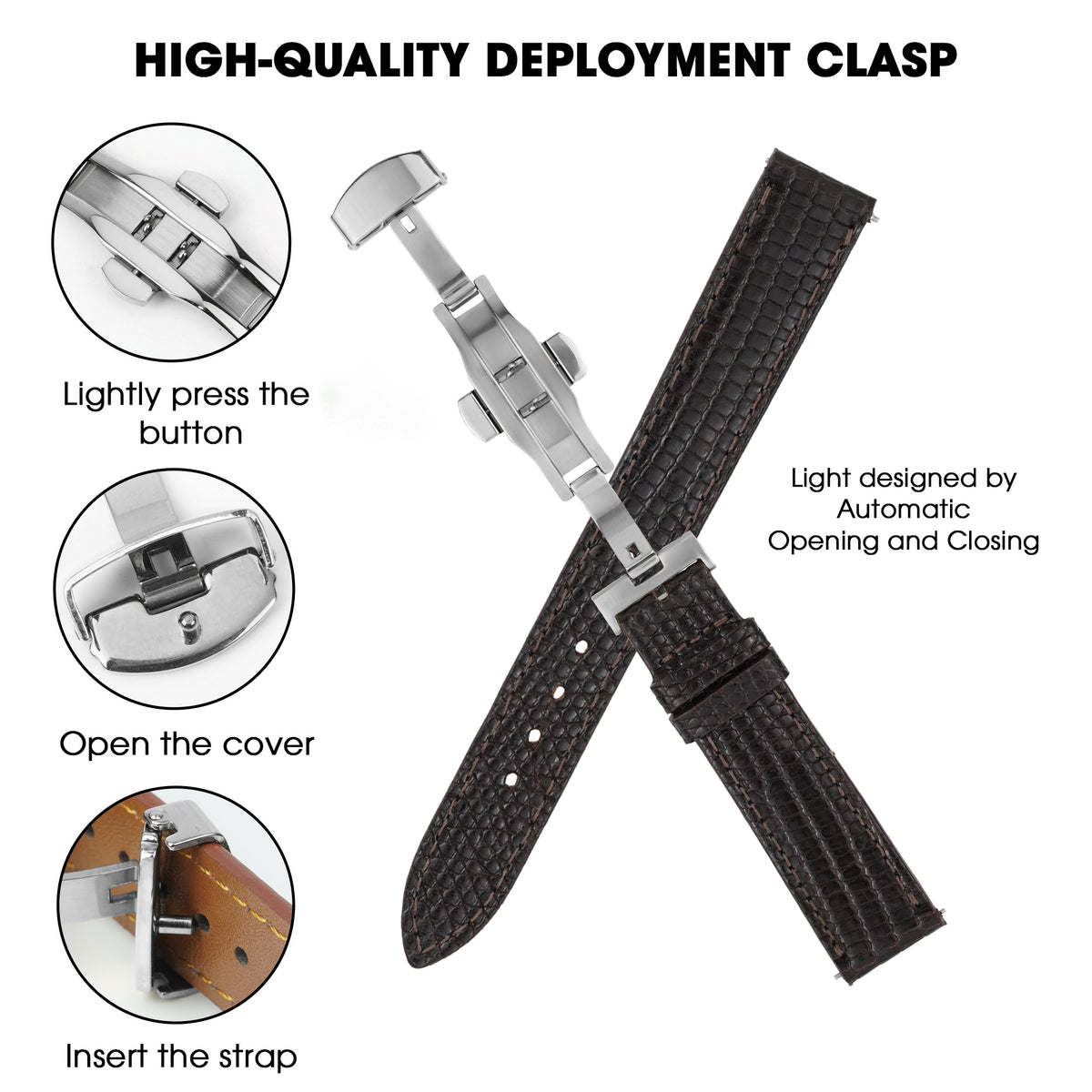 Brown Flat Lizard Leather Watch Strap with Deployment Clasp