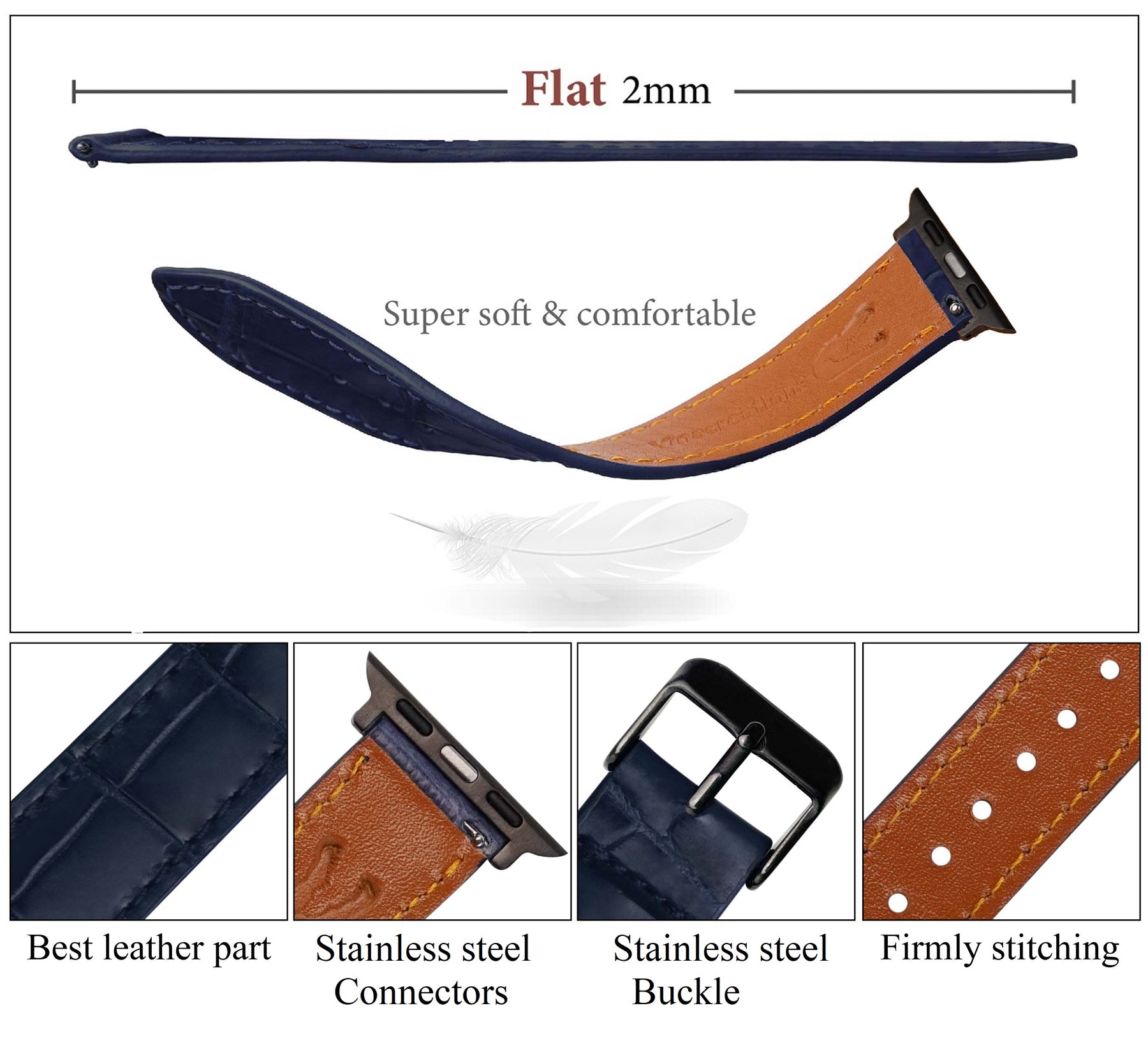 Slim Navy Blue Alligator Apple Leather Watch Band