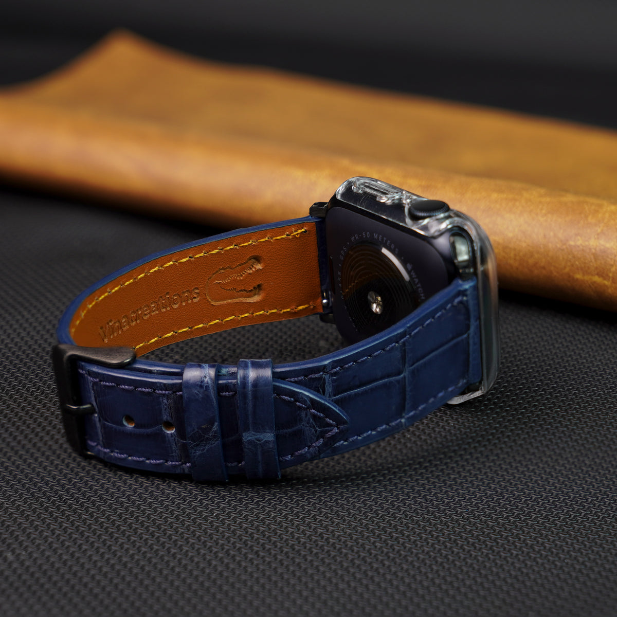 Slim Navy Blue Alligator Apple Leather Watch Band