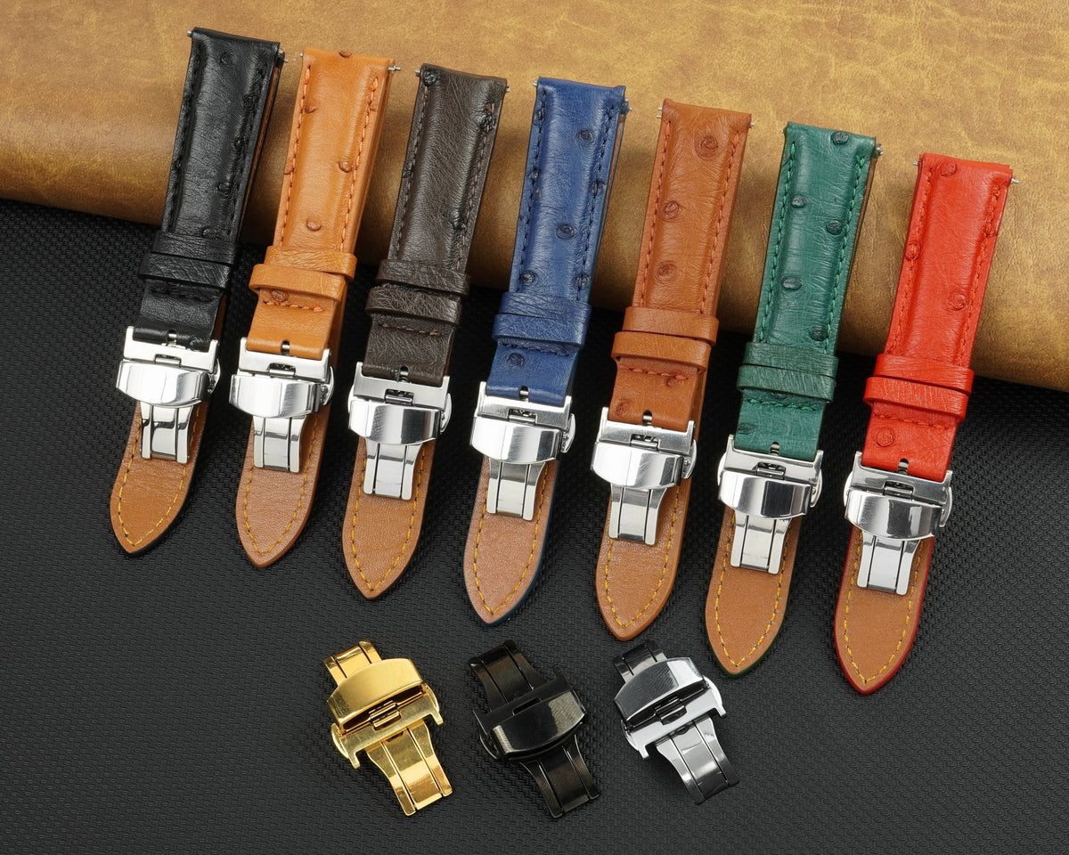 Tan Brown Ostrich Leather Watch Strap with Deployment Clasp