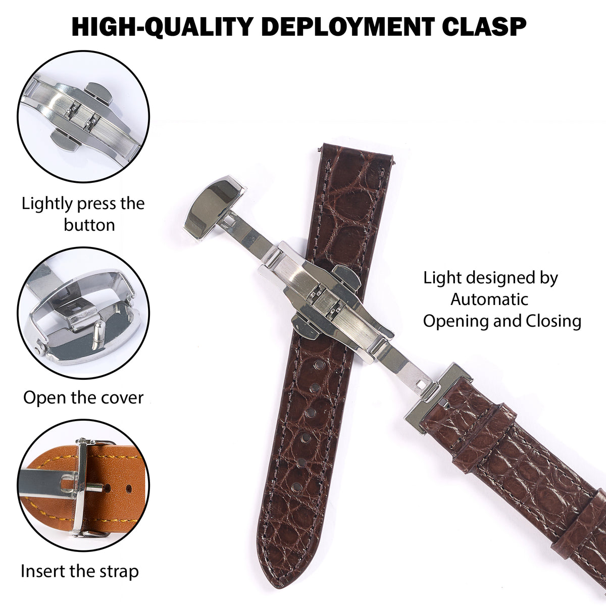 Brown Alligator Flat Leather Watch Strap with Deployment Clasp