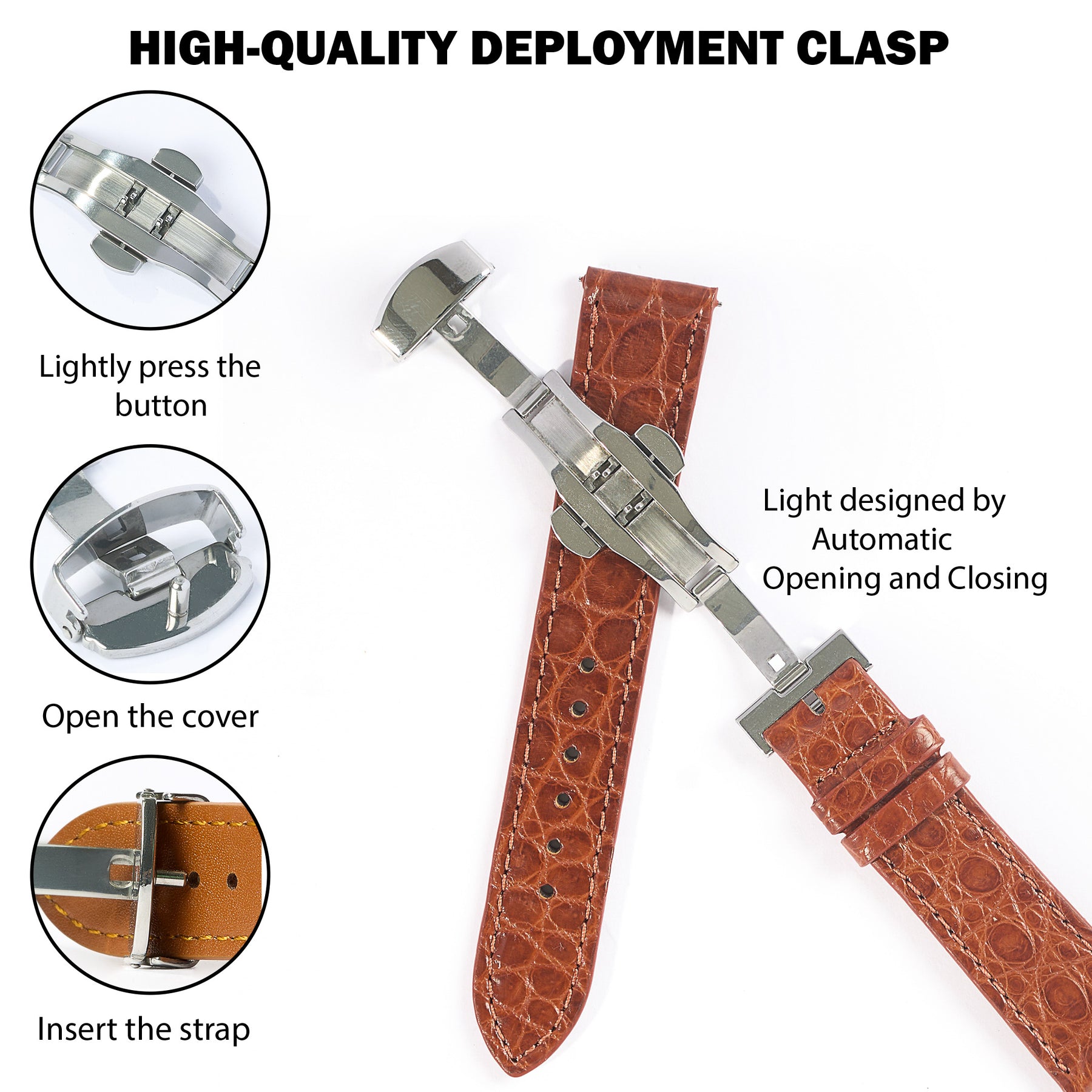Light Brown Alligator Flat Leather Watch Strap with Deployment Clasp