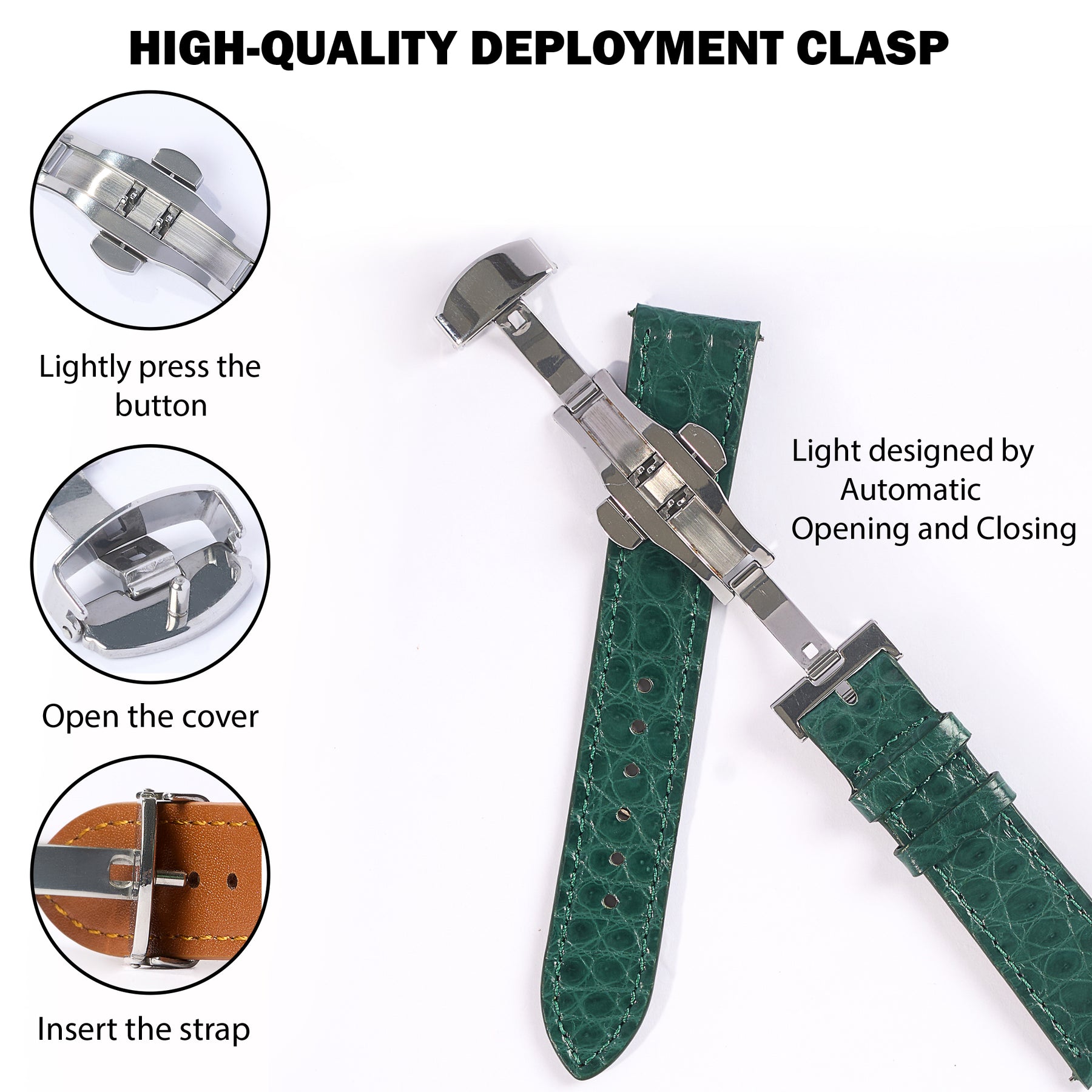 Green Alligator Flat Leather Watch Strap with Deployment Clasp