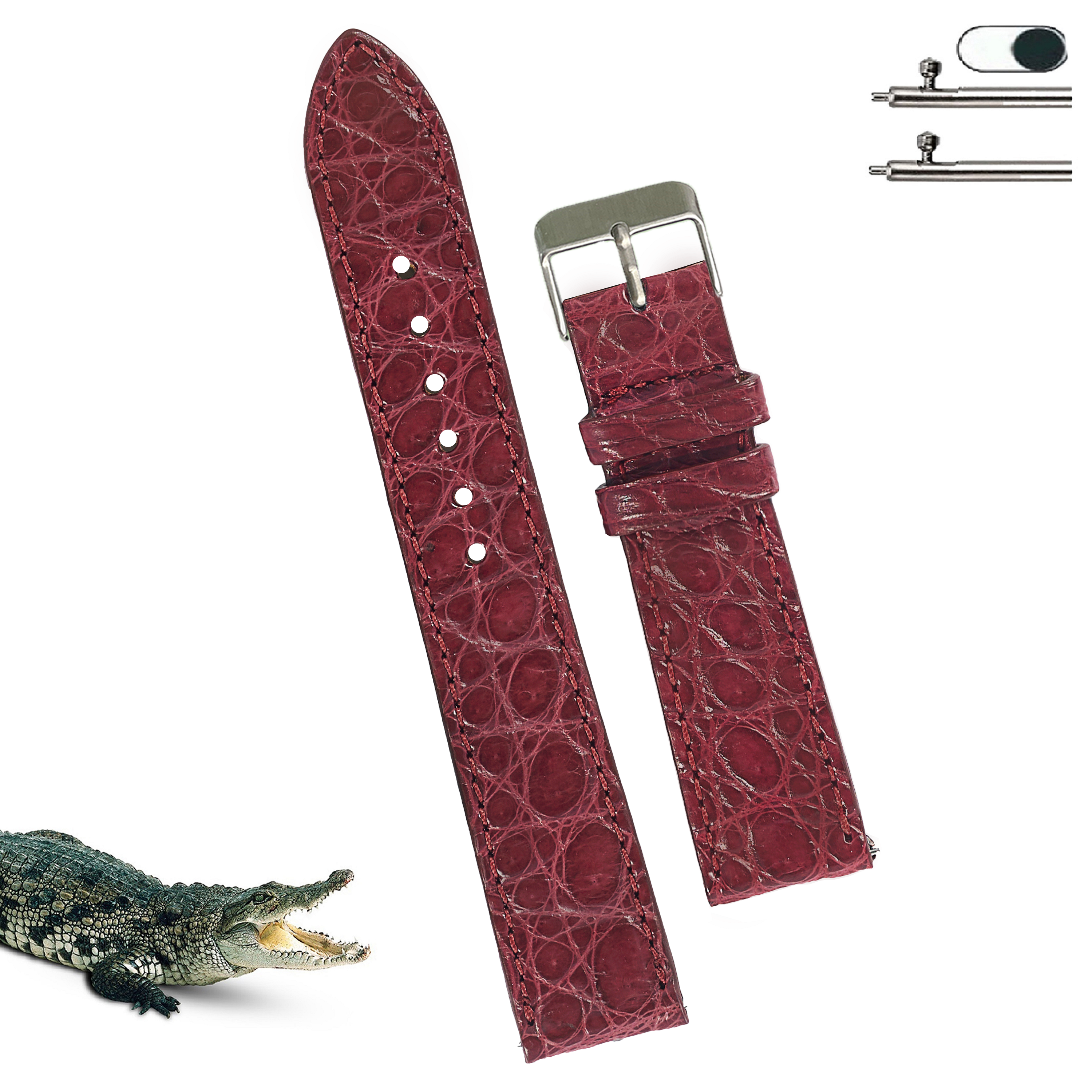 Burgundy Slim Alligator Leather Watch Band For Men Quick Release Red Crocodile Premium Flat Leather Watch Strap Replacement Bespoke