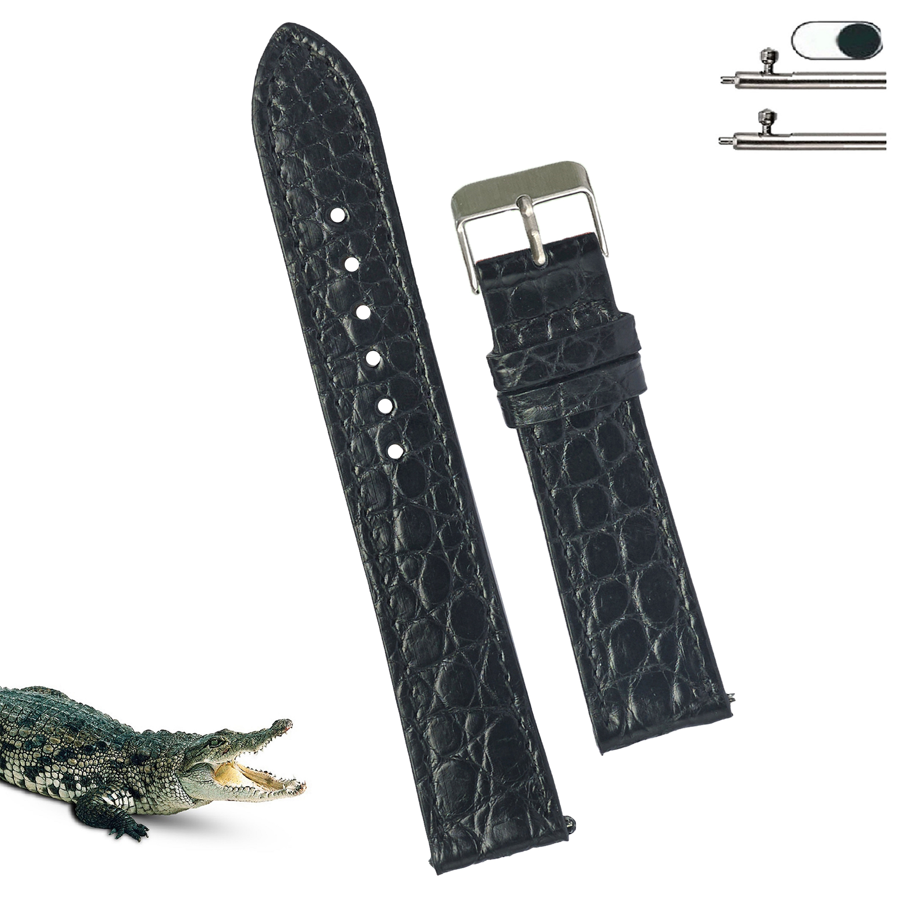 Black Slim Alligator Leather Watch Band For Men Quick Release Thin Crocodile Premium Flat Leather Watch Strap Replacement Bespoke