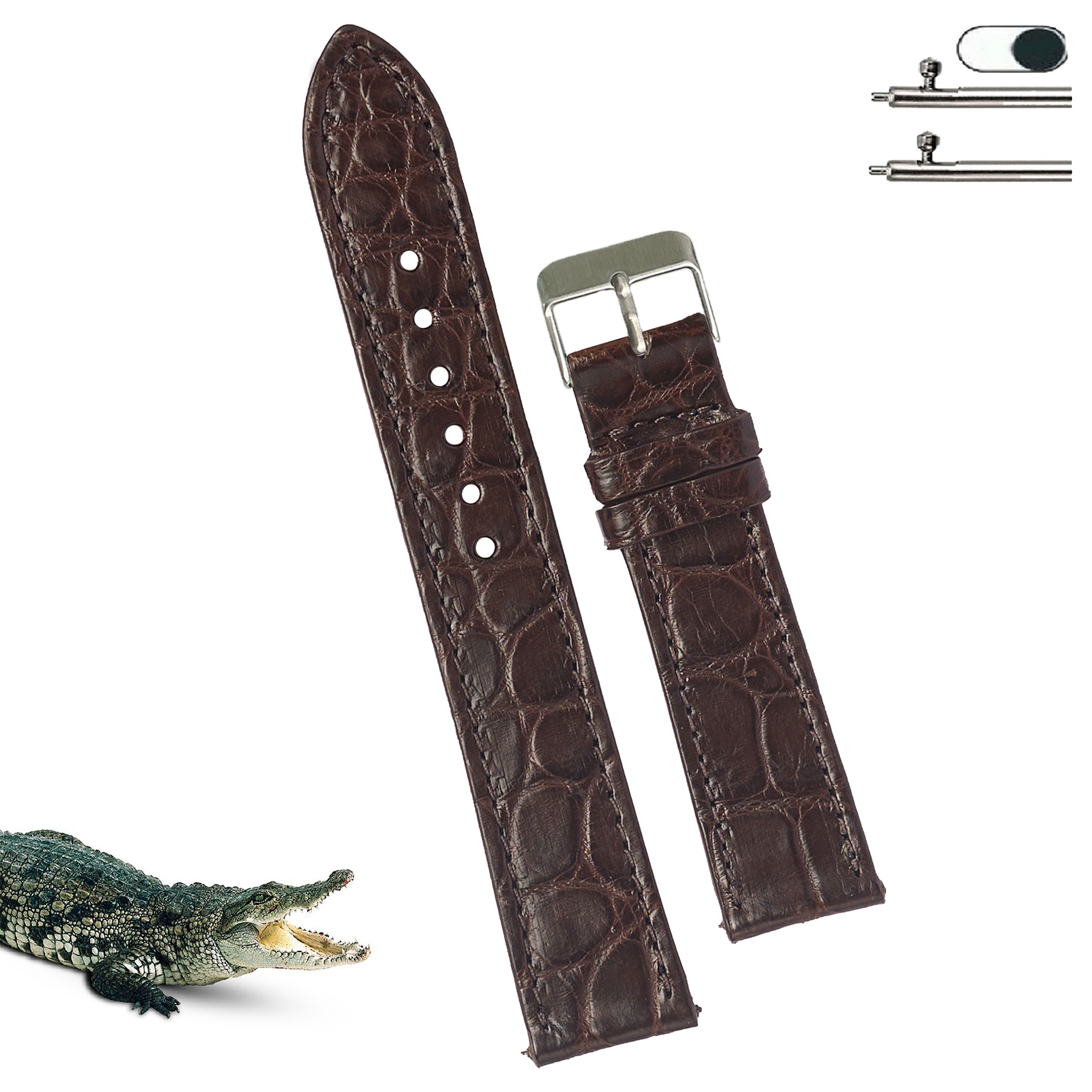 Dark Brown Slim Alligator Leather Watch Band For Men Quick Release Thin Crocodile Premium Flat Leather Watch Strap Replacement Bespoke