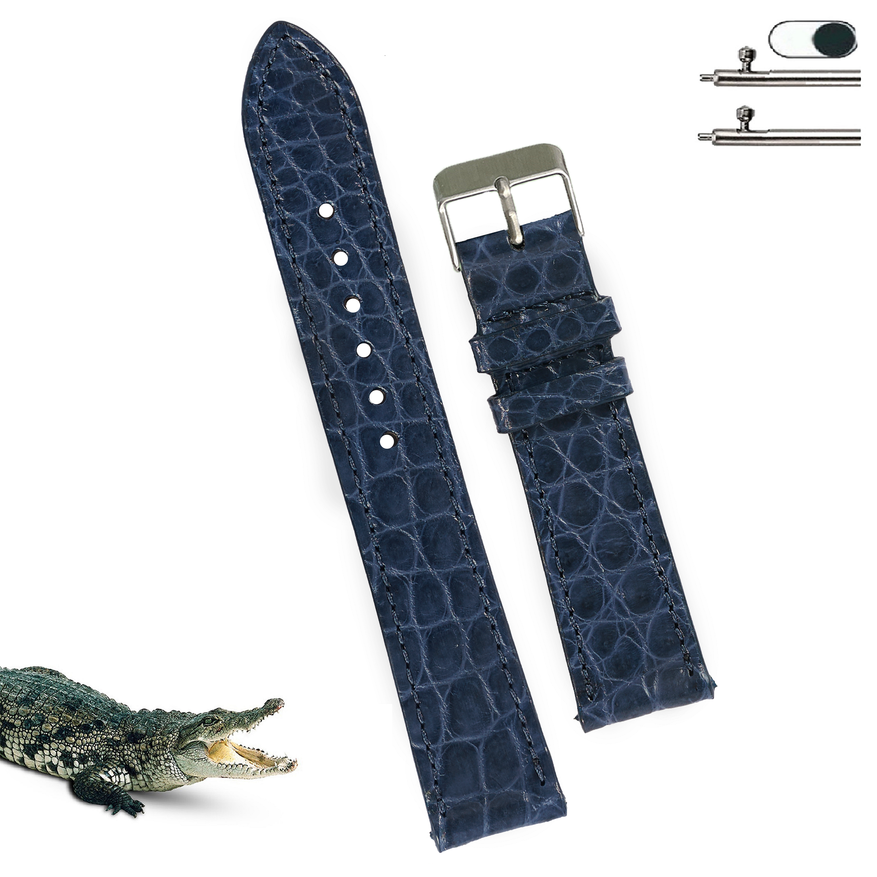 Navy Blue Slim Alligator Leather Watch Band For Men Quick Release Thin Croc Premium Flat Leather Watch Strap Replacement Bespoke