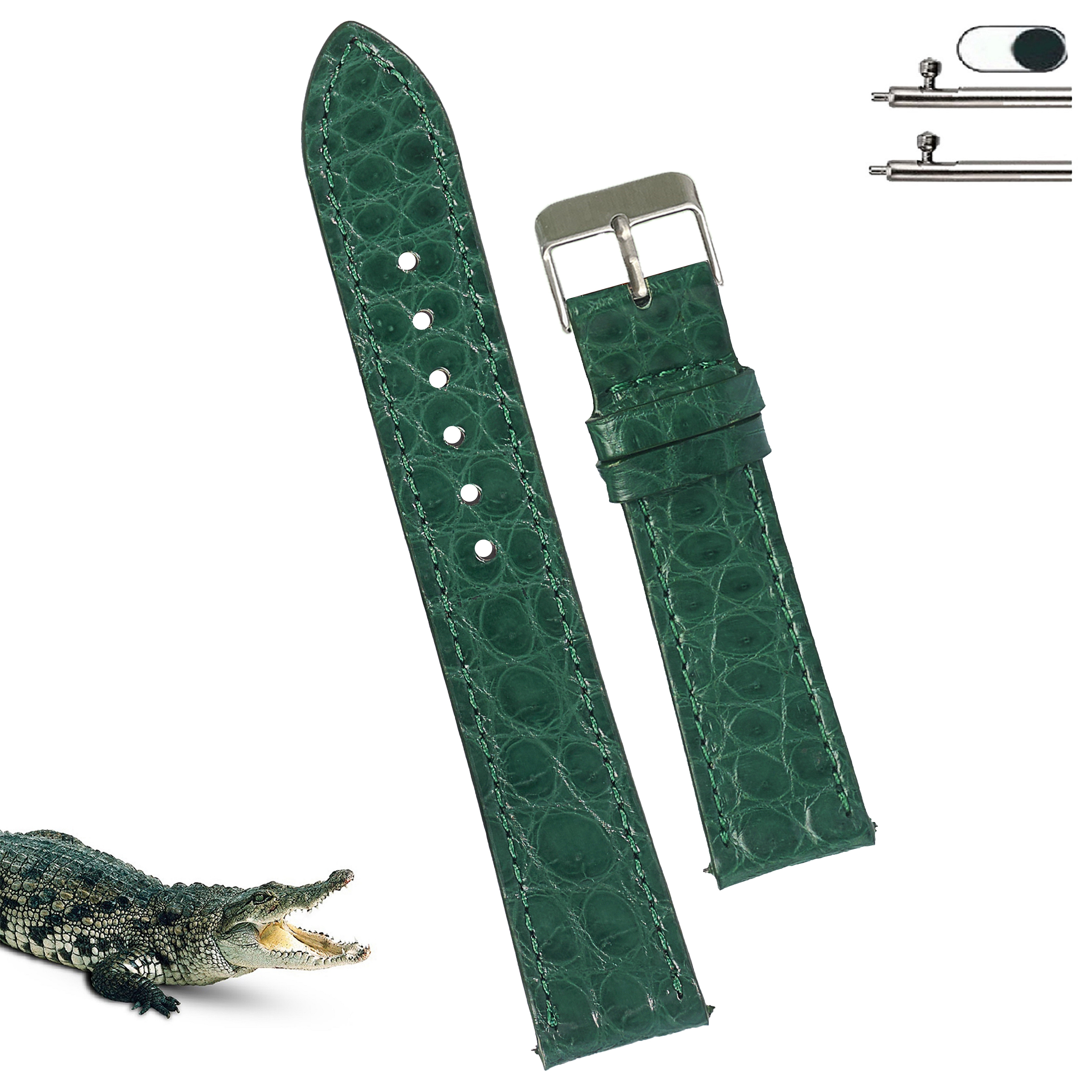 Green Slim Alligator Leather Watch Band For Men Quick Release Thin Croc Premium Flat Leather Watch Strap Replacement Bespoke