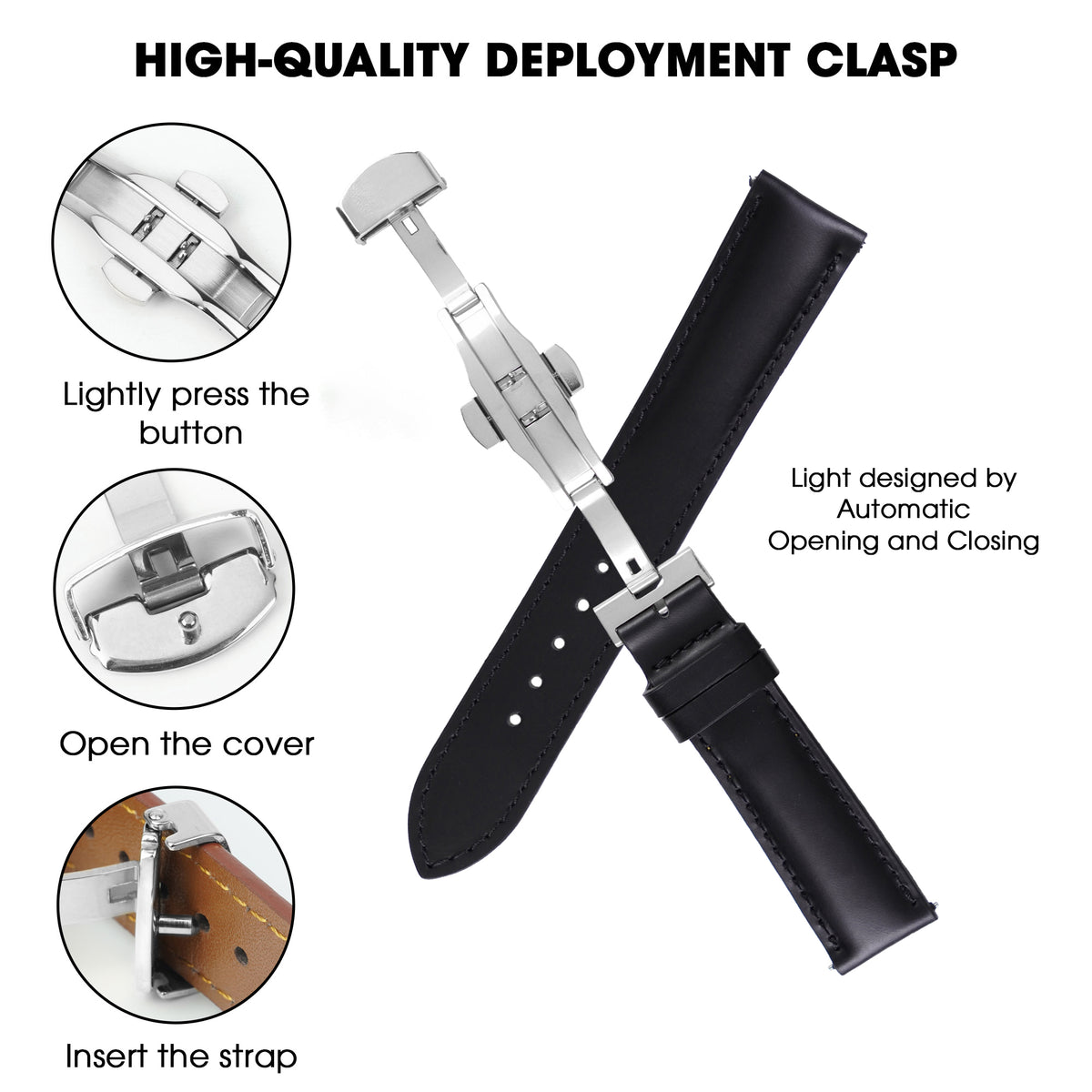 Padded Black Full Grain Leather Watch Strap with Deployment Clasp