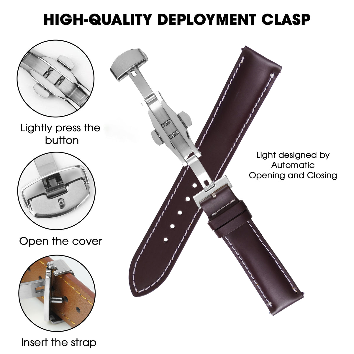 Burgundy Full Grain Watch Strap with White Stitching and Deployment Clasp