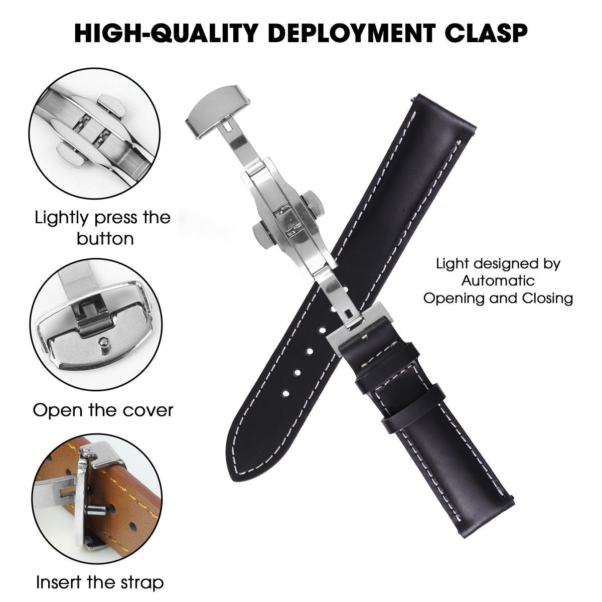 Black Full Grain Watch Strap with White Stitching and Deployment Clasp