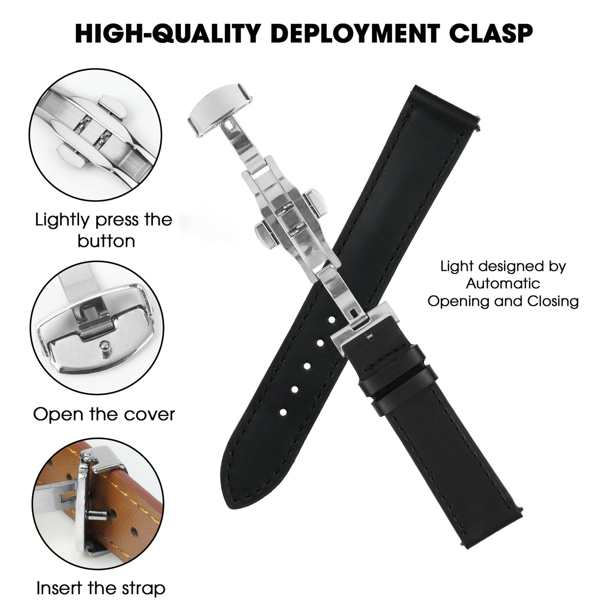 Black Flat Full Grain Leather Watch Strap with Deployment Clasp  Description: