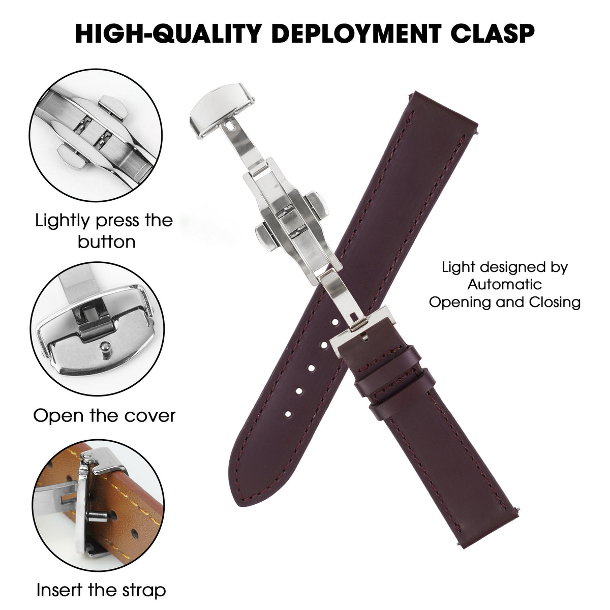 Burgundy Flat Full Grain Leather Watch Strap with Deployment Clasp