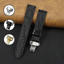 Slim Black FLat Ostrich Leather Watch Band width Deployment Clasp