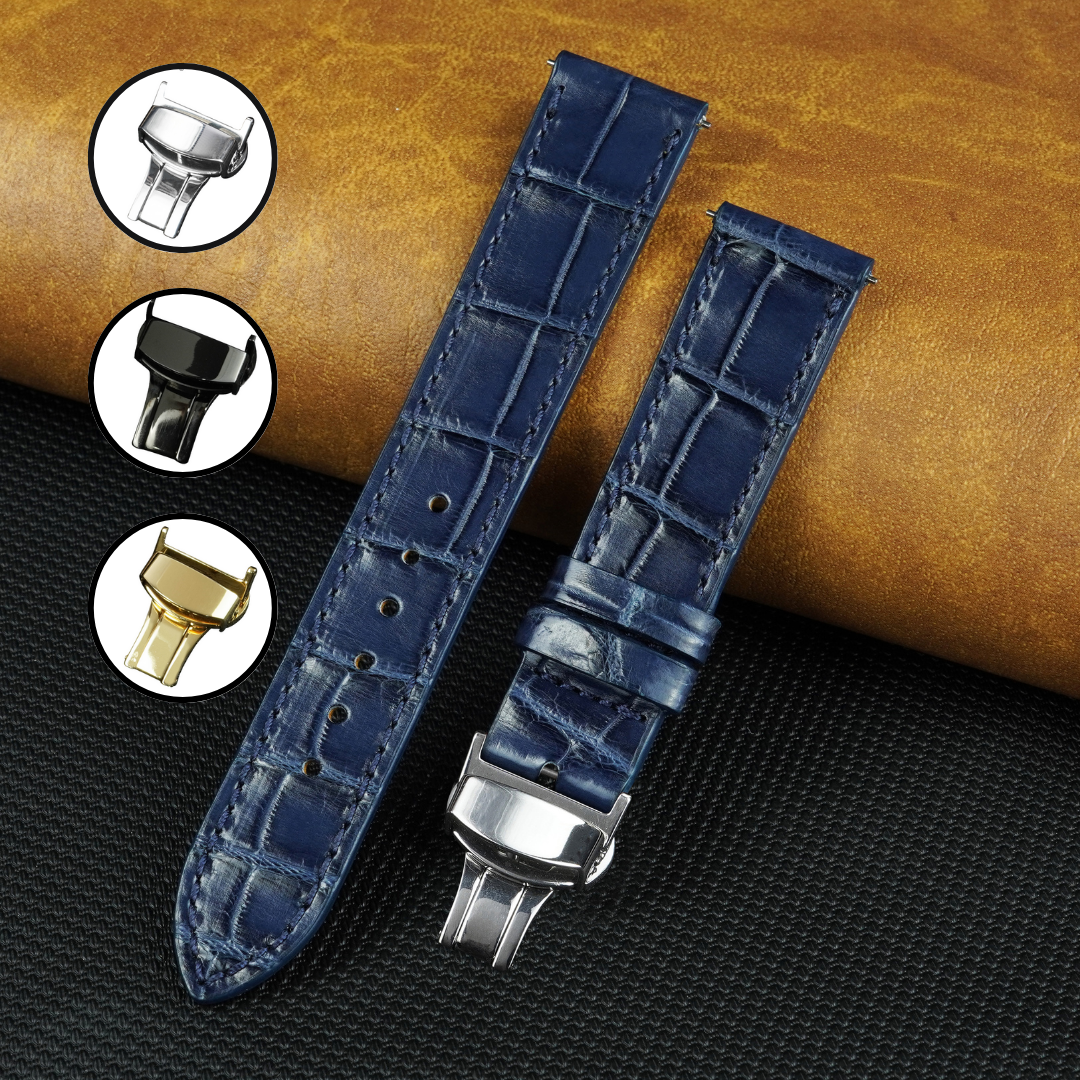 Blue Flat Alligator Belly Leather Watch Strap with Deployment Clasp