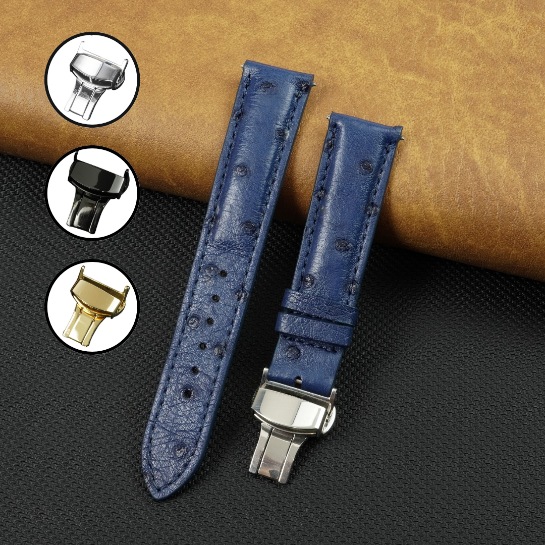 Blue Ostrich Leather Watch Strap with Deployment Clasp