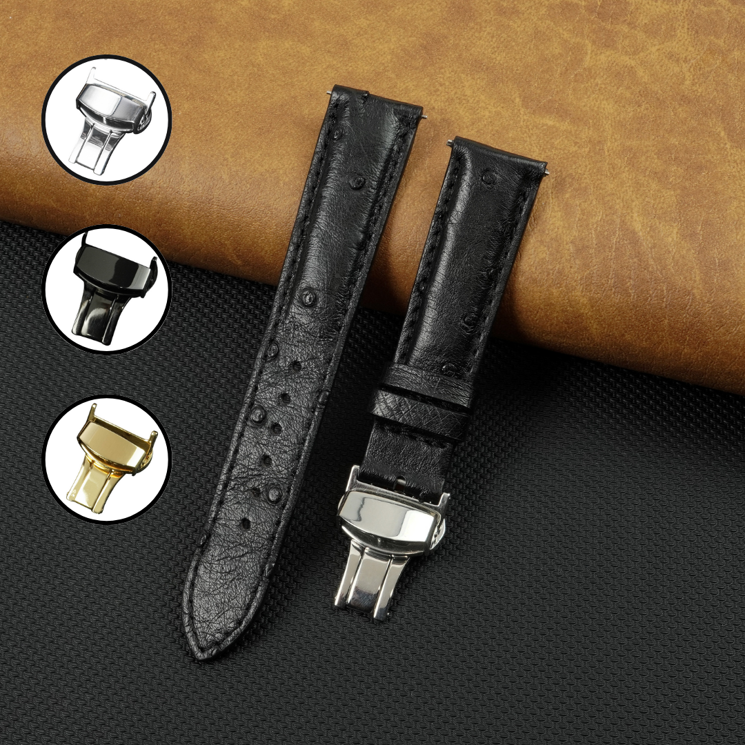 Black Genuine Ostrich Leather Watch Strap with Deployment Clasp