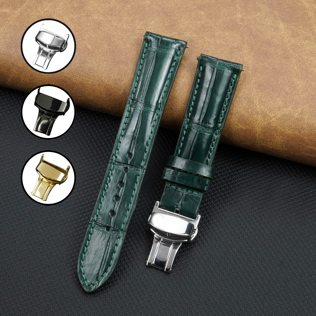 Green Alligator Leather Watch Strap with Deployment Clasp